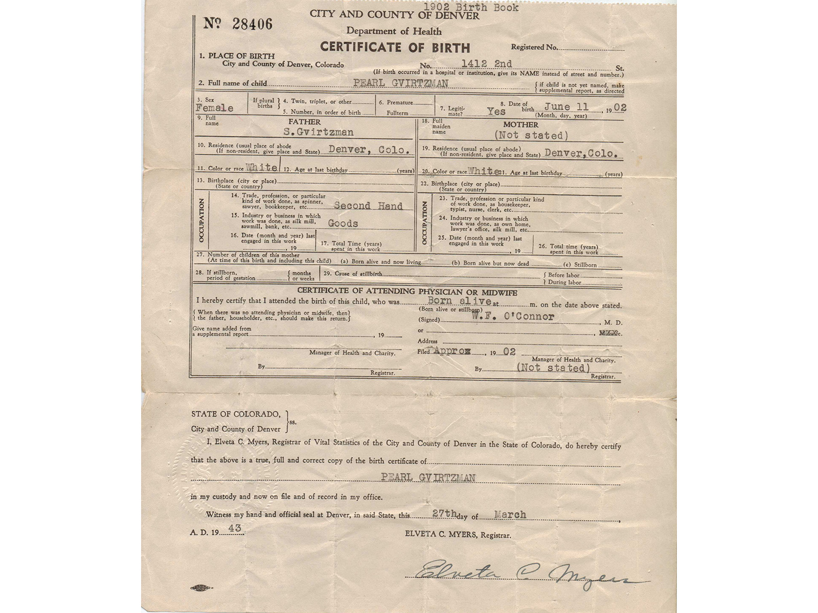 Pearl's Birth Certificate